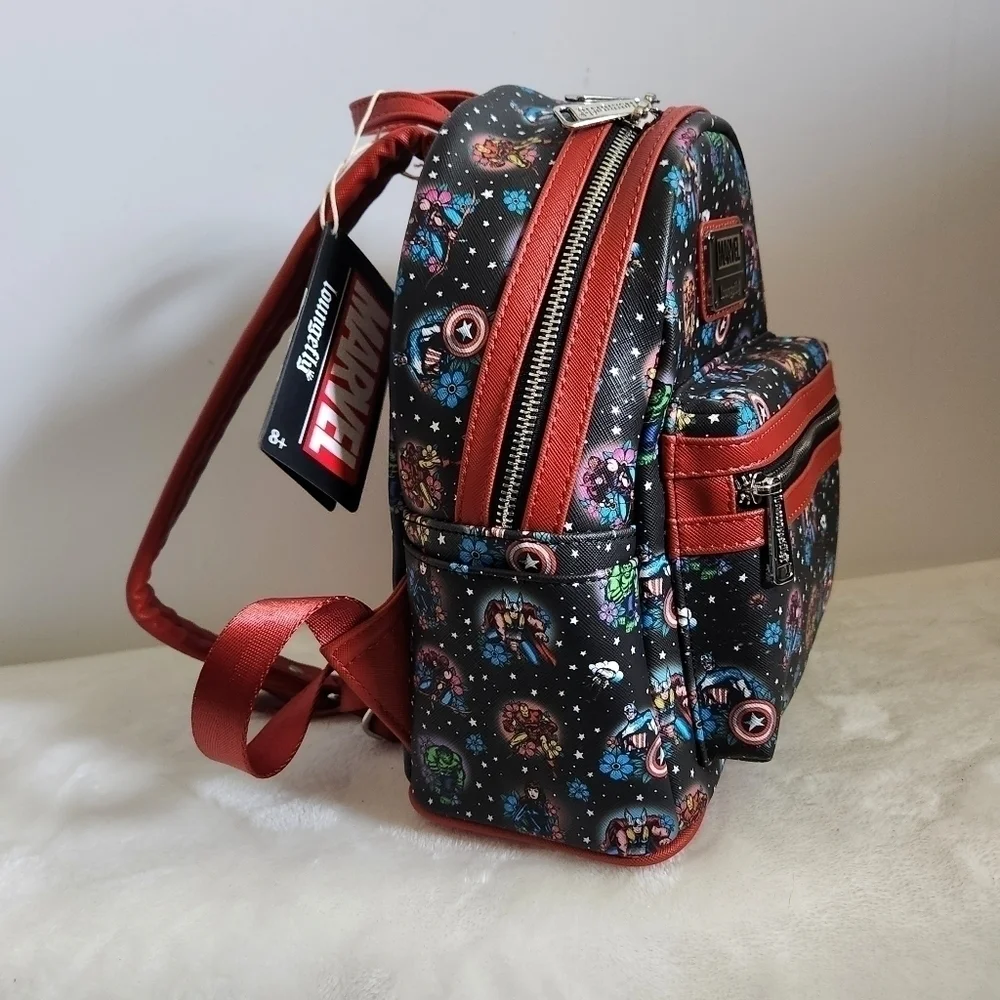 Loungefly Marvel Avengers Tattoo Floral Black Red Mini Backpack NWT
